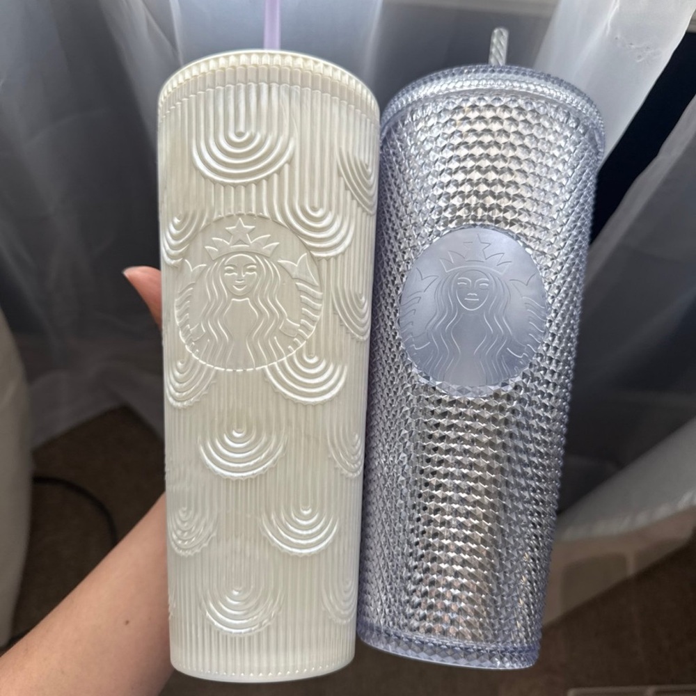 Starbucks irisendent cup and white mermaid with lilac